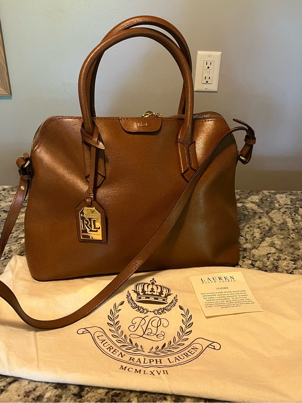 Lauren Ralph Lauren Cognac Leather Dome Satchel with Gold Charm